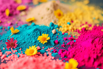 Wall Mural - Colorful powder paints in pots at a market in India. Festival of colors in India, Holi. The arrival of spring, the victory of good over evil. Happiness.