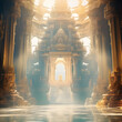 Opulent acient Temple of lost Lemuria civilization bathed in golden  light. culture concept. Ai generated