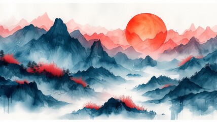 Wall Mural - Watercolor painting of a mountain landscape.