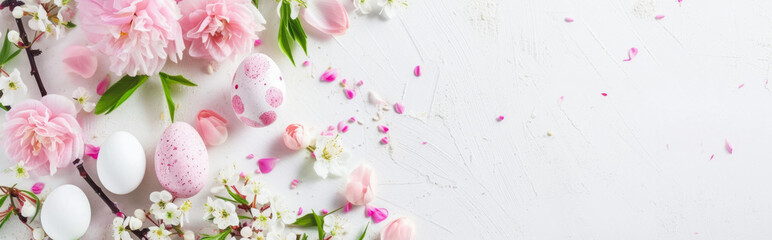 Wall Mural - Banner with Easter eggs and spring flowers on a white background.
