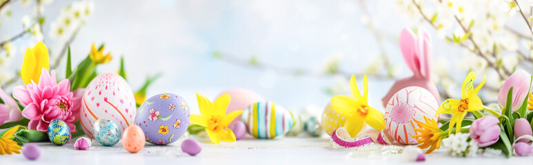Wall Mural - Easter background with spring flowers, easter eggs and bunny ears