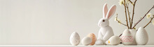 Easter Background. Easter Bunny, Eggs And Willow Branches On White Wooden Shelf.