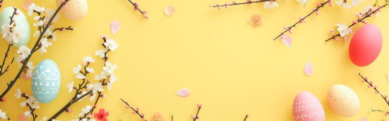 Wall Mural - Banner with easter eggs and blooming branches on a yellow background.