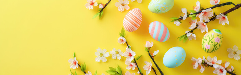 Wall Mural - Banner with Easter eggs and spring flowers on a yellow background.