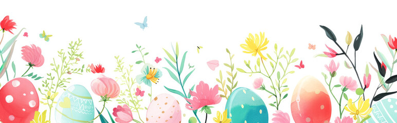 Wall Mural - Easter banner with eggs, flowers and butterflies.