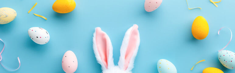 Wall Mural - Banner with Easter bunny ears and colorful eggs on blue background. Top view.