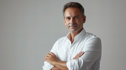 Wall Mural - portrait of a businessman in white shirt, hands folded, grey background with copy space