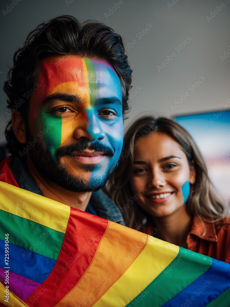 Pareja Heterosexual Celebrando El Orgullo LGBTQ Con Pintura Facial Y Pareja Heterosexual Celebrando El Orgullo LGBTQ Con Pintura Facial Y