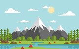 Fototapeta  - Bright vector landscape image, featuring mountains, green fields with flowers, trees, and a sunny sky. Ideal for nature themed designs and backgrounds
