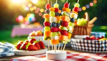 Colorful Fruit Skewers On Picnic Table, Summer Party Concept