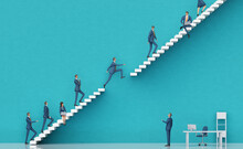 Businessman Taking A Risk, Jumping Between Platforms In Order To Get Better Position.g Business Environment Concept With Stairs And Opened Door, Representing Career, Success, Solution And Achievement.