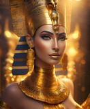 Fototapeta Konie - Hathor egyption goddess portrait in presious headdress and necklace  posing against temple in sun light. close up. AI genarated