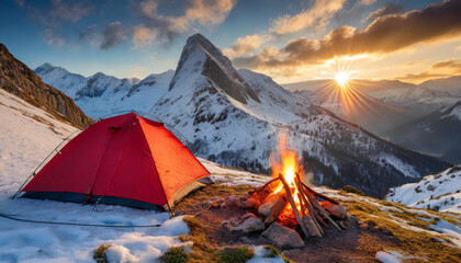 camping tent and camping fire in front of snow-covered mountain landscape