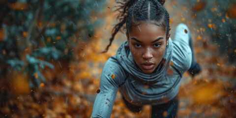 Wall Mural - Portrait of a black girl running in the park while it is raining.