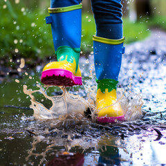 Wall Mural - Vibrant children's rain boots splashing in a muddy puddle, encapsulating the playful side of April showers