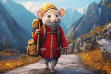 Illustration Cartoon, A Lovely Mouse With Clothes And A Big Travel Bag