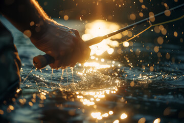 Fisherman with spinning on the sea in macro photography
