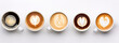 Top view, selection of many different coffees including black, cappuccino, latte on white table, flat lay, banner