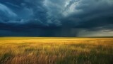 Fototapeta  - Rainfall in the distance on the prairies under ominous storm clouds