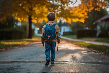 Young Child with Backpack Walking on Suburban Road. Generative AI. 