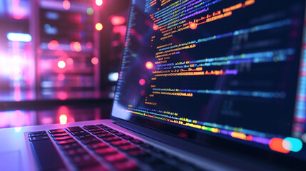 A close-up on a laptop screen displaying code with cloud service APIs and a blurred background of a modern data center, DevOps, Cloud Technologies, dynamic and dramatic compositions, with copy space