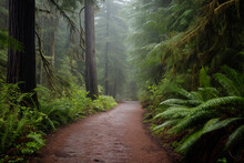 A Serene Forest Path Surrounded By Towering Trees And Dense Fern Undergrowth, Shrouded In Mist