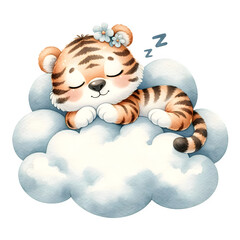 cute watercolor animal sleeping on the fluffy cloud clipart of tiger