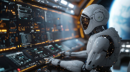An AI robot sitting on a futuristic desk looking at his computer screen ,generative ai