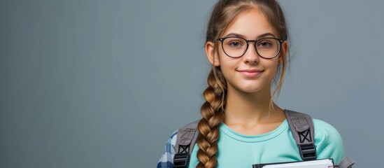 Glasses-wearing schoolgirl holding notebooks on a gray background.