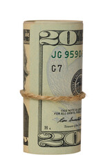 Rolled American dollar twenty dollar bills on isolated background