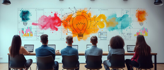 illustration colorful creative agency business brain storm meeting people with icon line presentation, generative ai