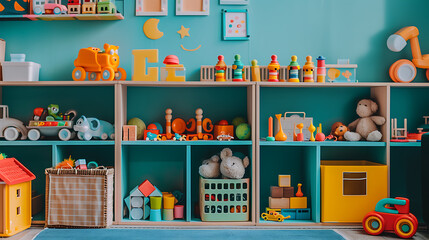Poster - a toy room with toys and a shelf
