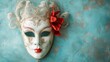 Venetian mask on a soft pastel blue background, which adds a touch of sophistication generative ai