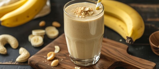 Sticker - A single glass of banana-peanut butter smoothie presented on a wooden cutting board.