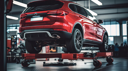 Close up view of car wheels, the vehicle is in the workshop for repair	