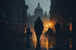 silhouette of  man is depicted in the center of street , walking on a wet road , In the background  other individuals can be seen walking on the same road    with the presence of buildings and lights 