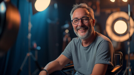 Wall Mural - portrait of a 40 years man smiling using a t-shirt with sleeves rolled up to the shoulder and sitting in a cinema director's chair in semi-profile with direct lighting with a ring light