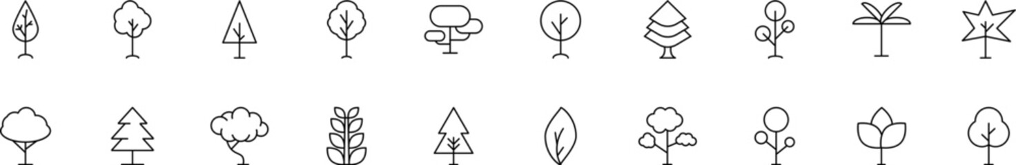 Collection of thin line icons of trees in forest. Linear sign and editable stroke. Suitable for web sites, books, articles