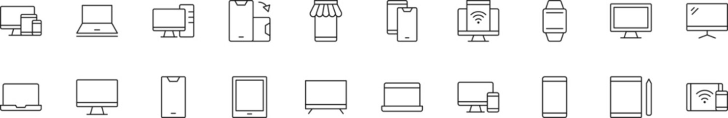 Wall Mural - Collection of thin line icons of computers, tablets and mobile phones. Linear sign and editable stroke. Suitable for web sites, books, articles