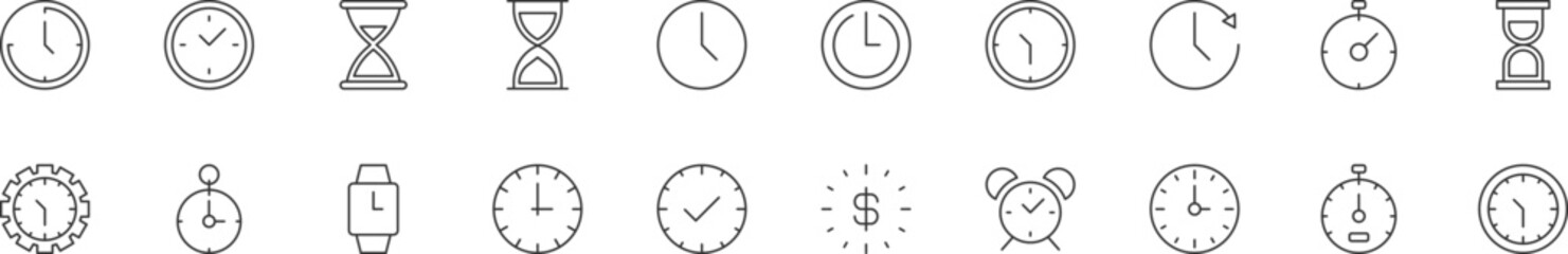 Wall Mural - Collection of thin line icons of clock. Linear sign and editable stroke. Suitable for web sites, books, articles