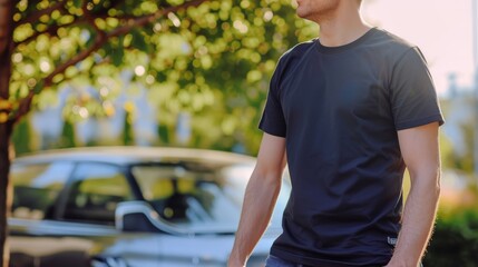 Poster - a 35 year old man wearing a black Bella Canvas 3001 T-shirt for a mockup, standing by a car,  