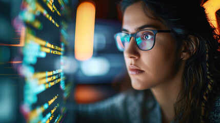 latin american woman it computer programmer looking through code and code on web stock in data cente