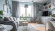 Scandinavian style small neat studio apartment with stylish design in light blue and silver colors  