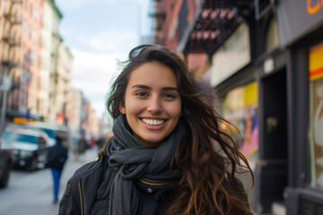 Wall Mural - A woman wearing a scarf and a jacket smiles for the camera