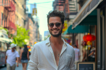 Wall Mural - A man wearing sunglasses and a white shirt smiles for the camera