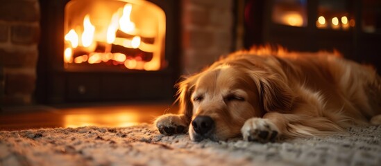 Sticker - Dog resting by fireplace in cozy home.