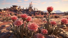 Blossoms In The Sand: The Enchanting Beauty Of A Desert Oasis Adorned With Delicate Pink Flowers, A Tranquil Mirage Amidst Arid Splendor