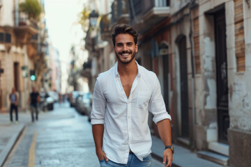 Wall Mural - A man in a white shirt is walking down a street