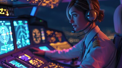 Cartoon digital avatar of Aurora, the detailoriented Air Traffic Controller utilizing topoftheline communication tools to ensure smooth coordination of aircraft movements.