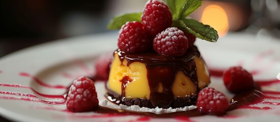 Canvas Print - Raspberry sauce atop a dessert of chocolate and mango mousse.